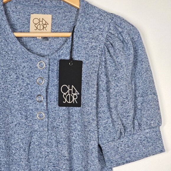 Chaser Ribbed Heather Blue Short Sleeve Henley Knit Top Puff Sleeves NWT Size S - Picture 2 of 7